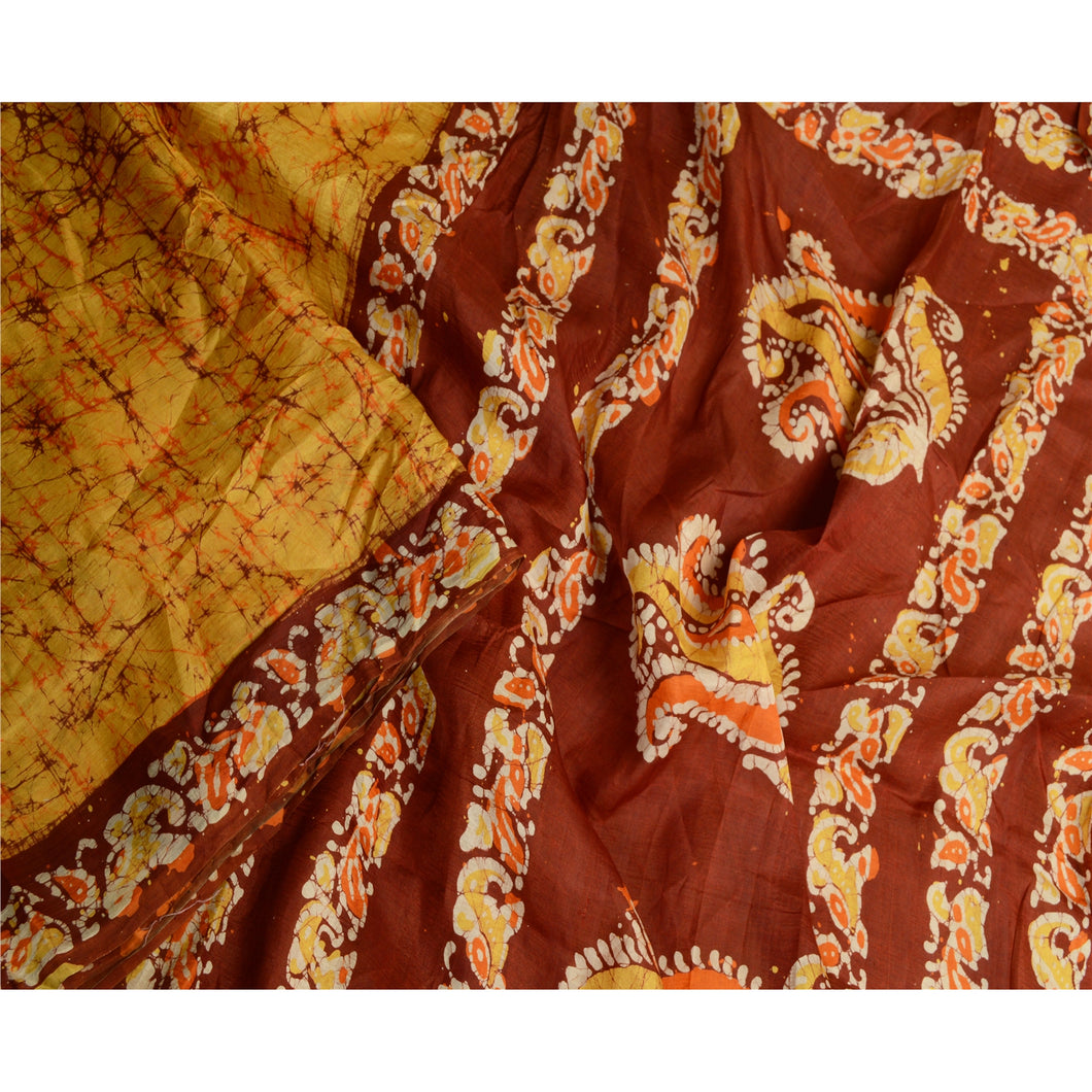 Sanskriti Vintage Sarees Yellow Batik Printed Pure Silk Sari Soft Craft Fabric