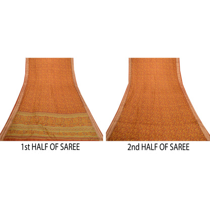 Sanskriti Vintage Sarees Rusty Orange Pure Silk Printed Sari Floral Craft Sustainable Fabric