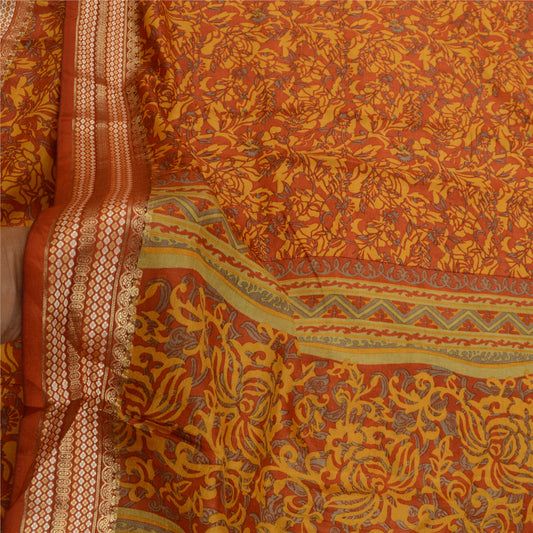 Sanskriti Vintage Sarees Rusten Orange Ren Silke Trykt Sari Blomster Håndværk Bæredygtigt Stof