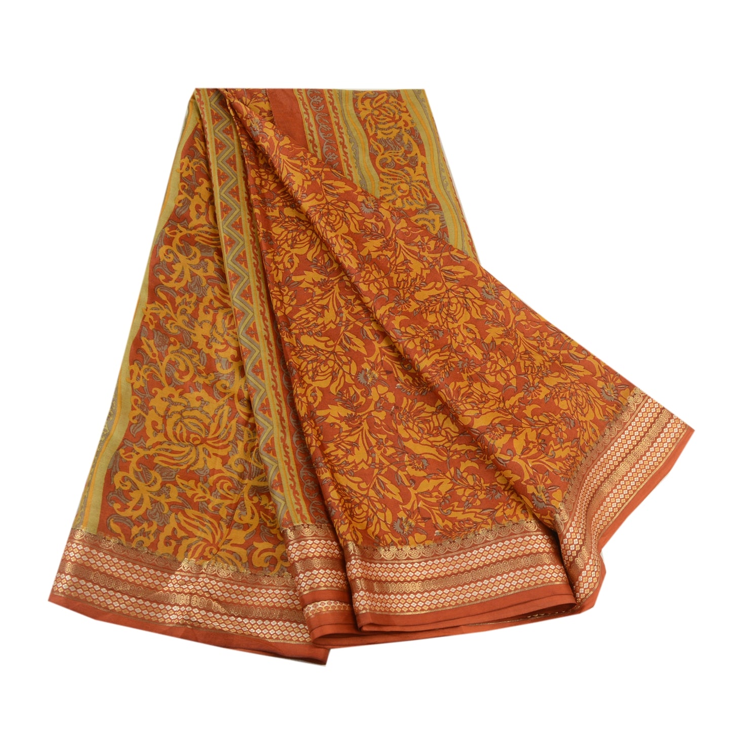 Sanskriti Vintage Sarees Rusty Orange Pure Silk Printed Sari Floral Craft Sustainable Fabric