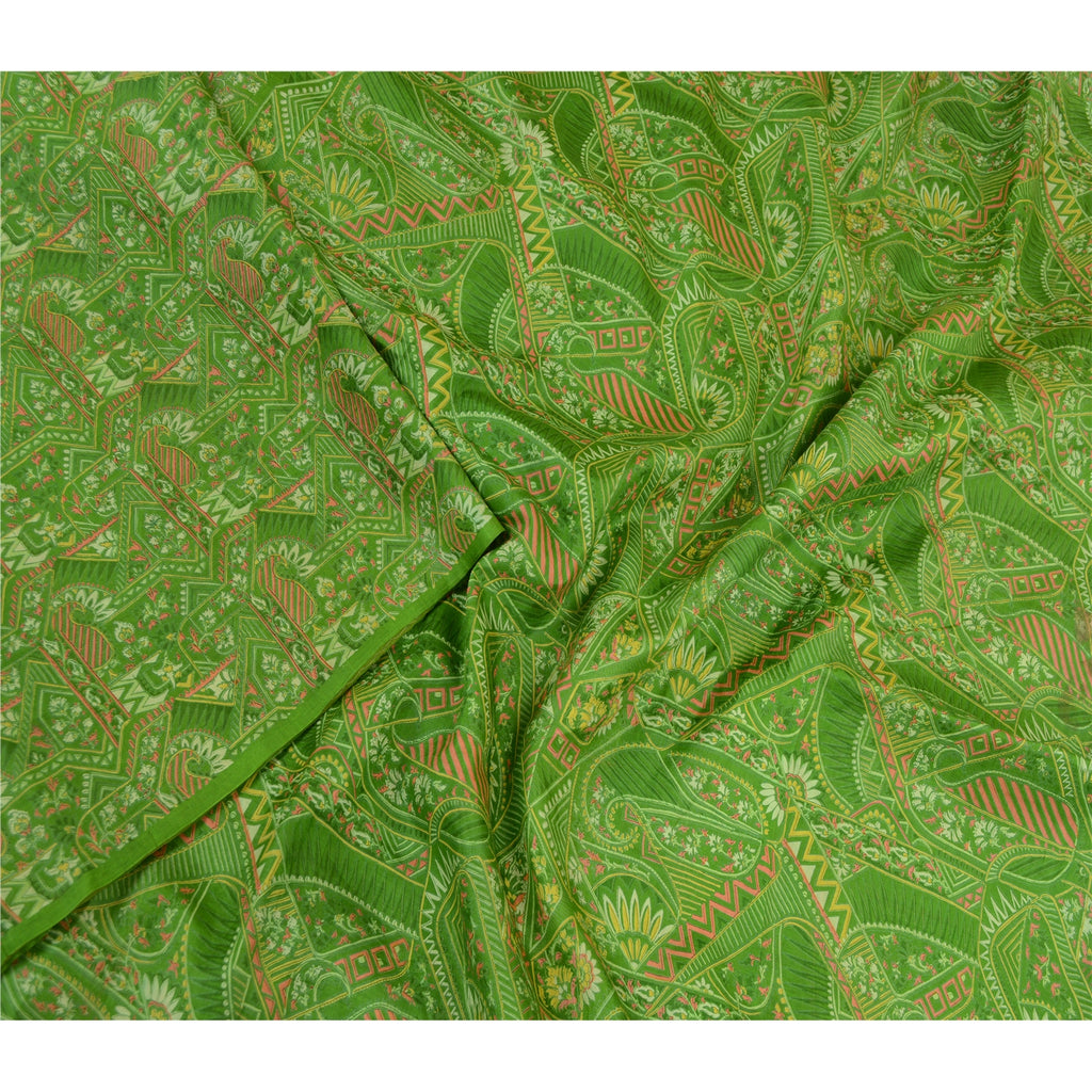 Sanskriti Vintage Sarees Green 100% Pure Silk Printed Sari Floral Craft Sustainable Fabric