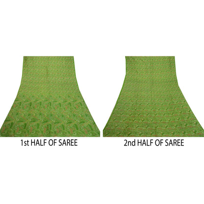 Sanskriti Vintage Sarees Green 100% Pure Silk Printed Sari Floral Craft Sustainable Fabric
