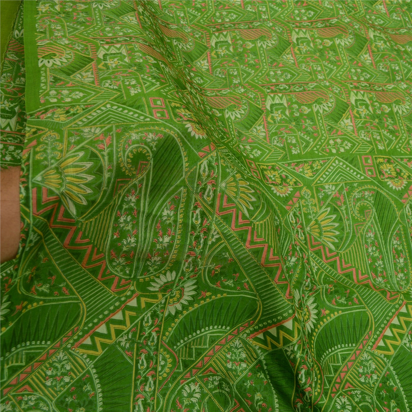 Sanskriti Vintage Sarees Green 100% Pure Silk Printed Sari Floral Craft Sustainable Fabric