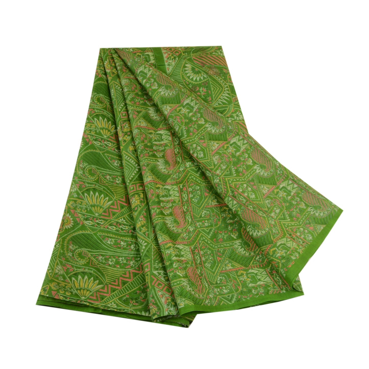 Sanskriti Vintage Sarees Green 100% Pure Silk Printed Sari Floral Craft Sustainable Fabric