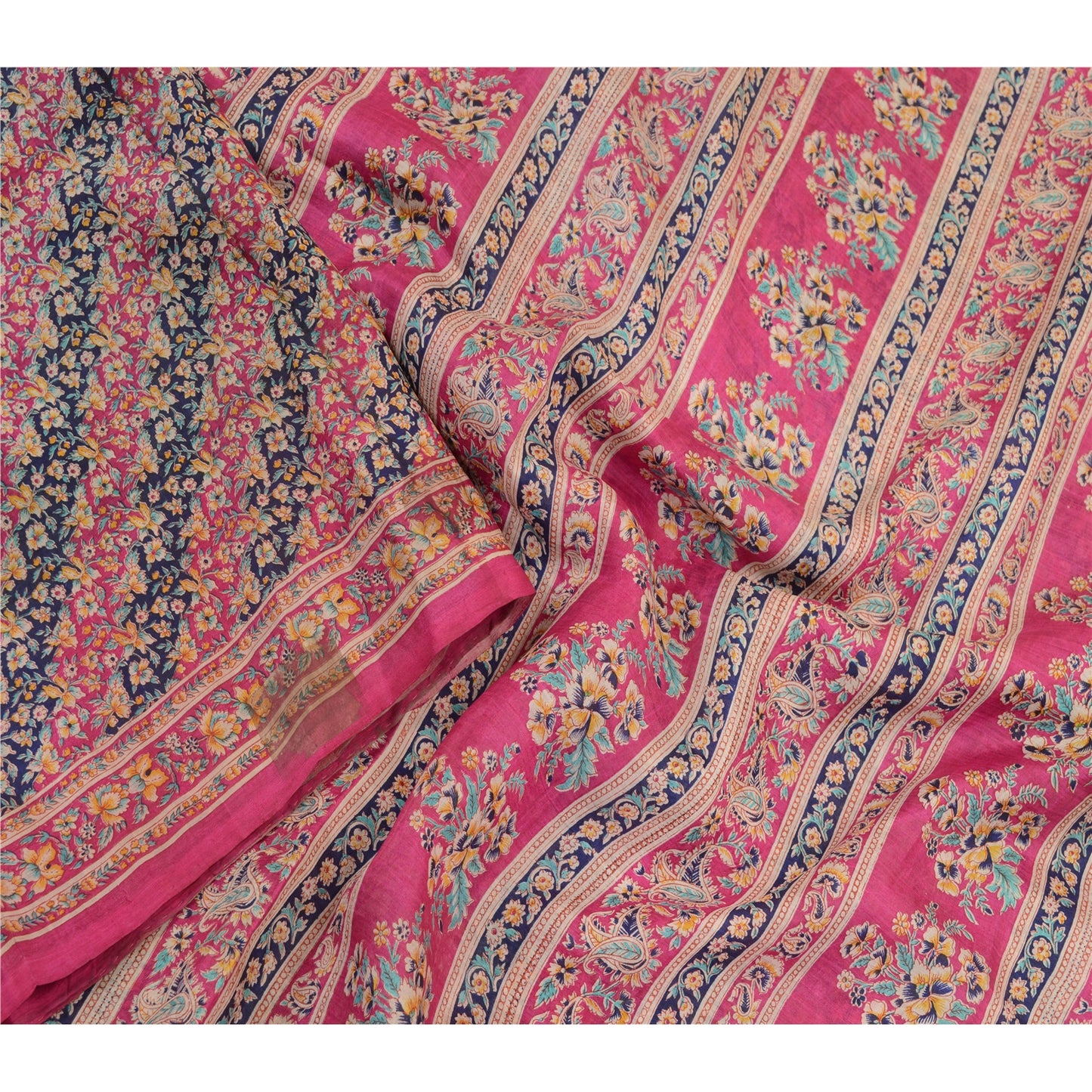Sanskriti Vintage Sarees From India Pink Printed Pure Silk Sari 5yd Craft Sustainable Fabric