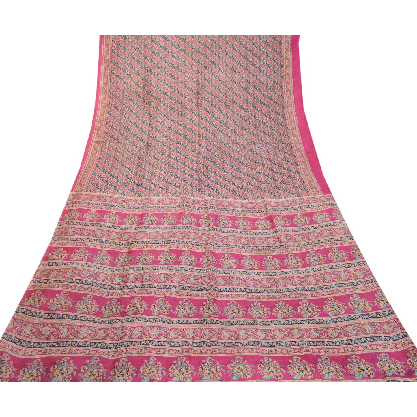 Sanskriti Vintage Sarees From India Pink Printed Pure Silk Sari 5yd Craft Sustainable Fabric
