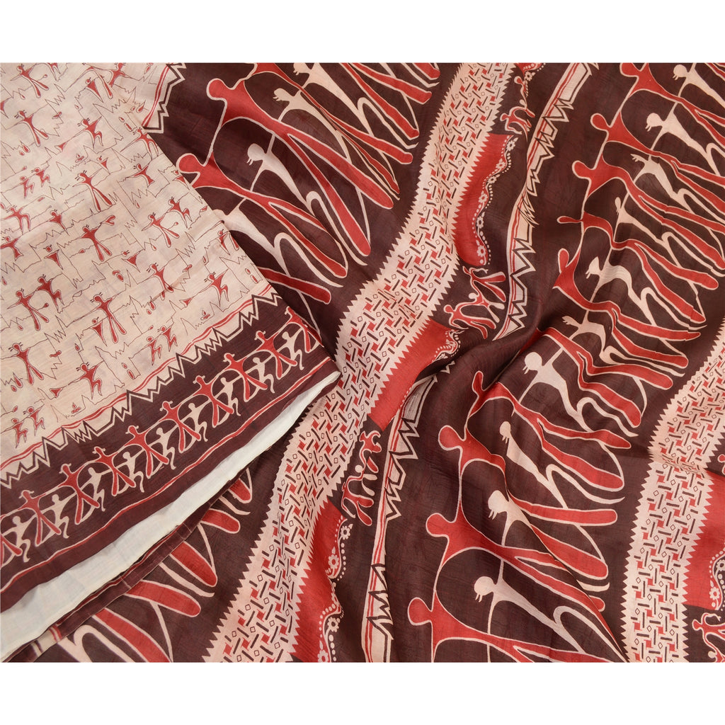 Sanskriti Vintage Sarees Ivory Abstract Human Print Pure Silk Sari Craft Sustainable Fabric