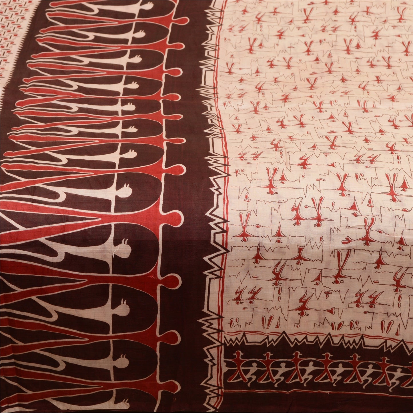 Sanskriti Vintage Sarees Ivory Abstract Human Print Pure Silk Sari Craft Sustainable Fabric