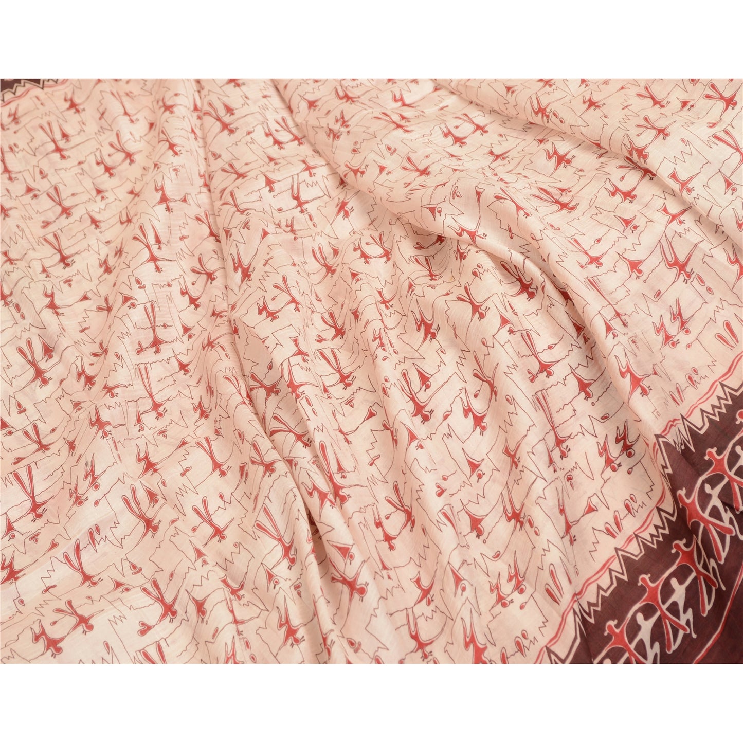 Sanskriti Vintage Sarees Ivory Abstract Human Print Pure Silk Sari Craft Sustainable Fabric