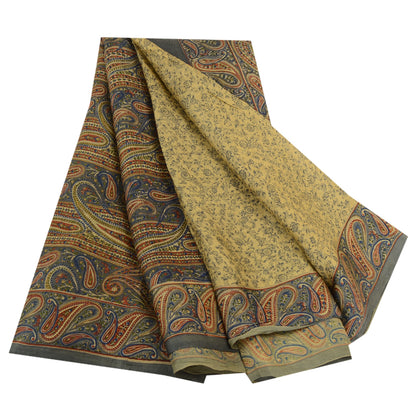 Sanskriti Vintage Sarees Green 100% Pure Silk Printed Sari Paisley Craft Sustainable Fabric