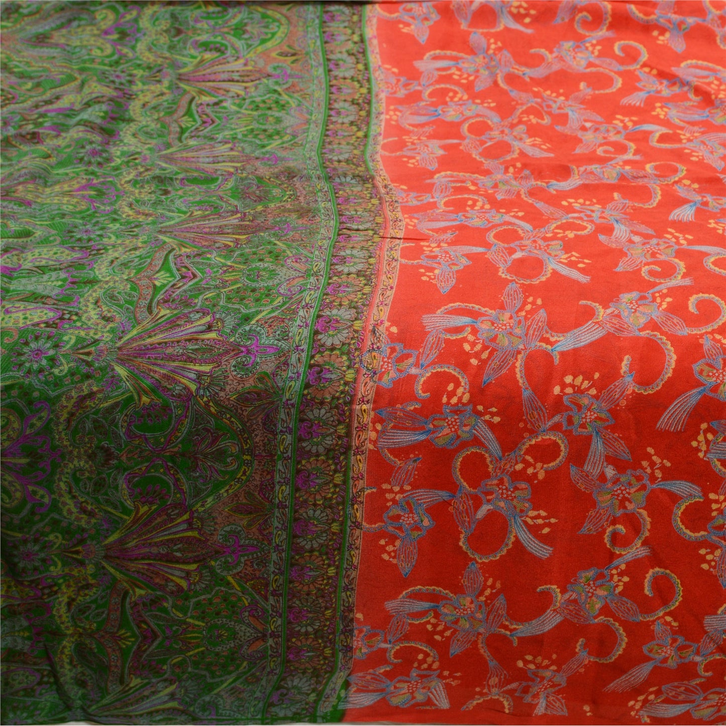 Sanskriti Vintage Sarees Red Pure Silk Print Sari Quilting Felting Craft Sustainable Fabric