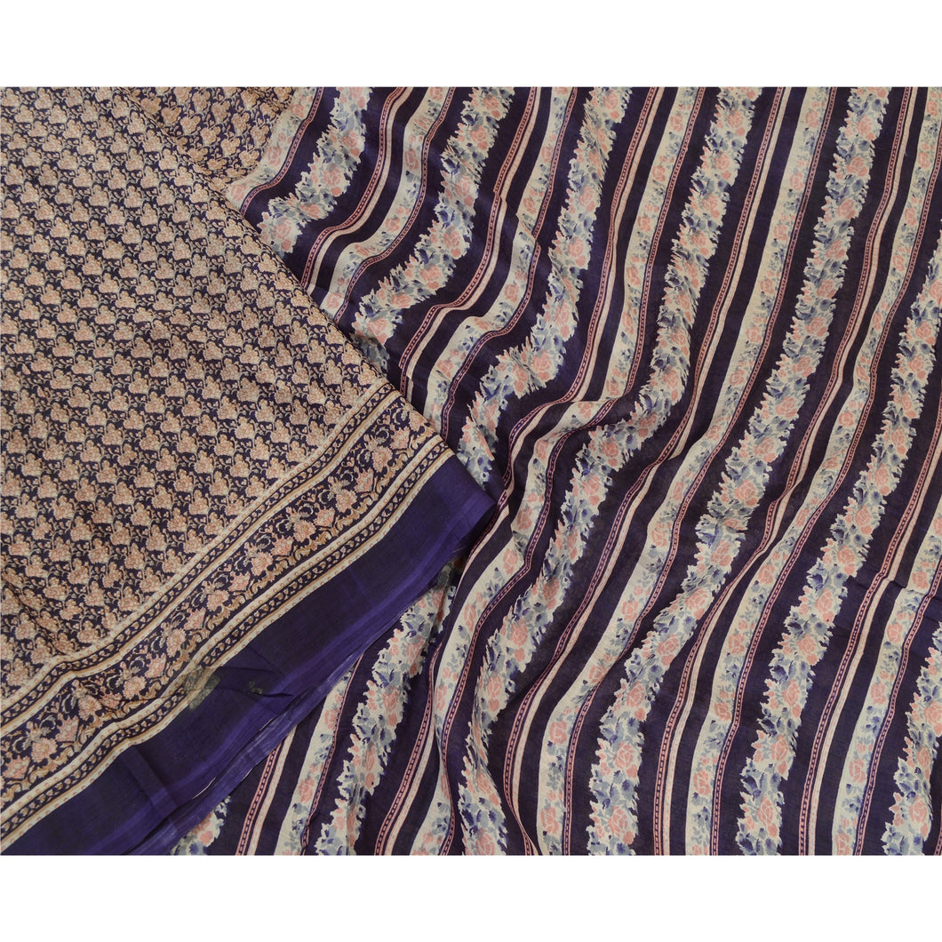 Sanskriti Vintage Sarees Blue Indian Printed Pure Silk Sari Floral Craft Fabric