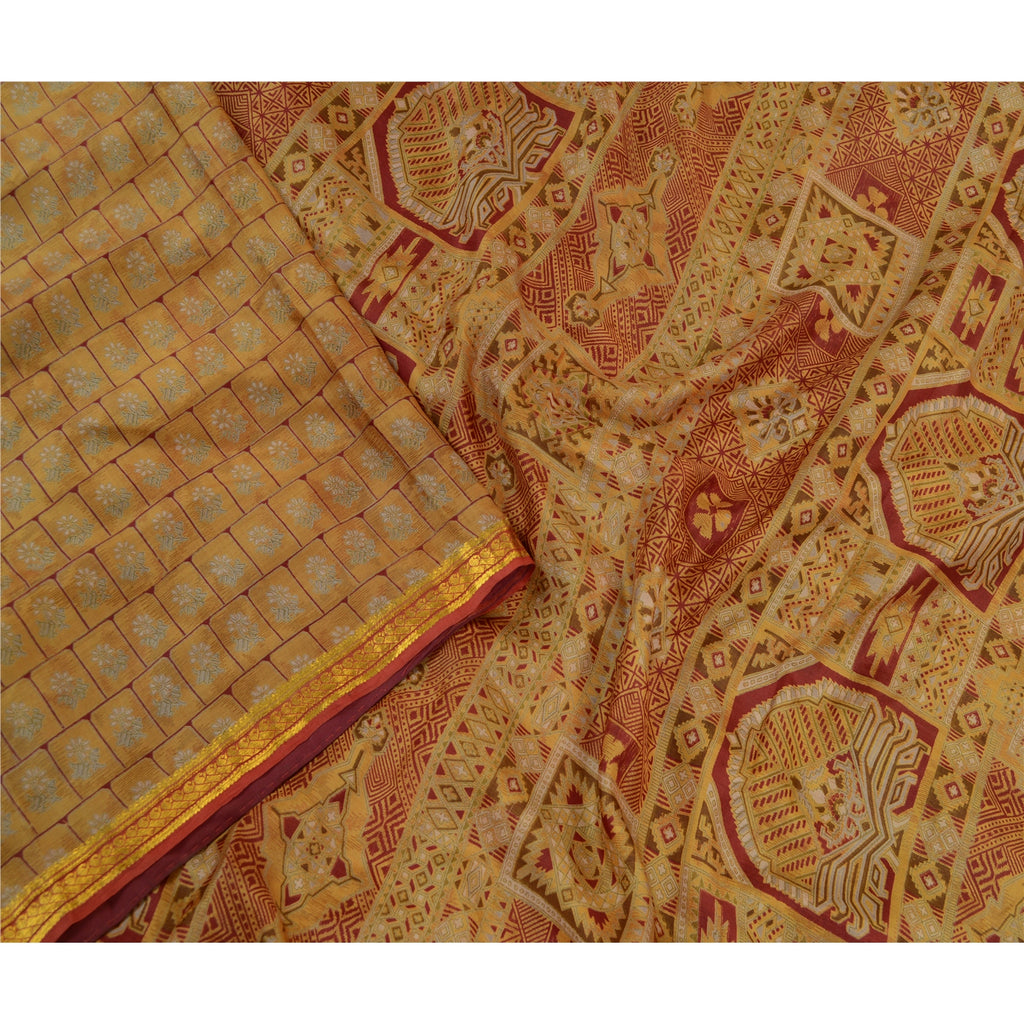 Sanskriti Vintage Sarees Saffron Zari Border Pure Silk Printed Sari Craft Sustainable Fabric