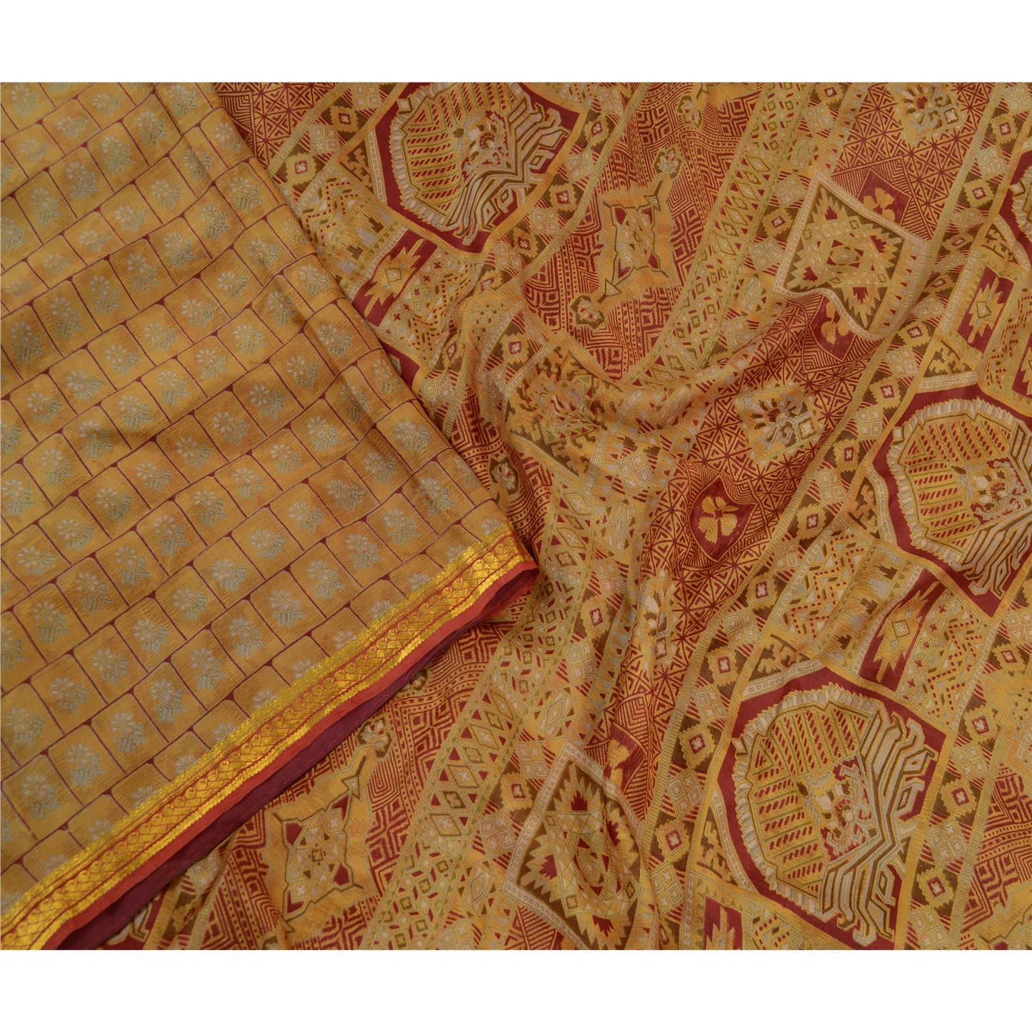 Sanskriti Vintage Sarees Saffron Zari Border Pure Silk Printed Sari Craft Sustainable Fabric