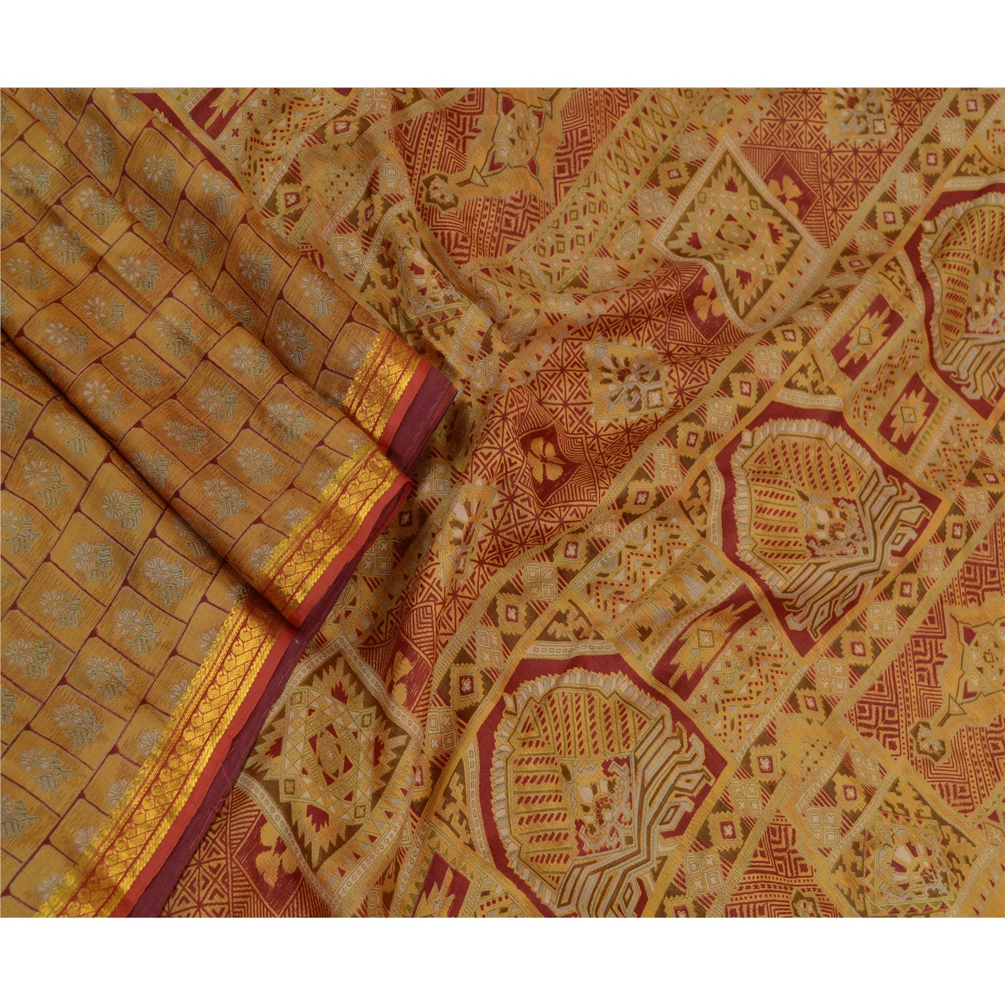 Sanskriti Vintage Sarees Saffron Zari Border Pure Silk Printed Sari Craft Sustainable Fabric