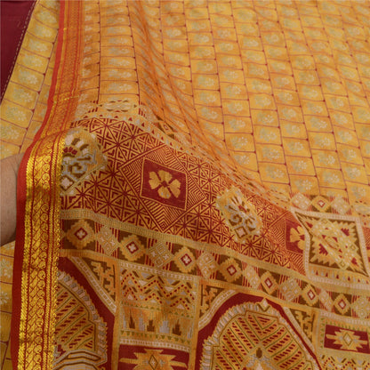 Sanskriti Vintage Sarees Saffron Zari Border Pure Silk Printed Sari Craft Sustainable Fabric