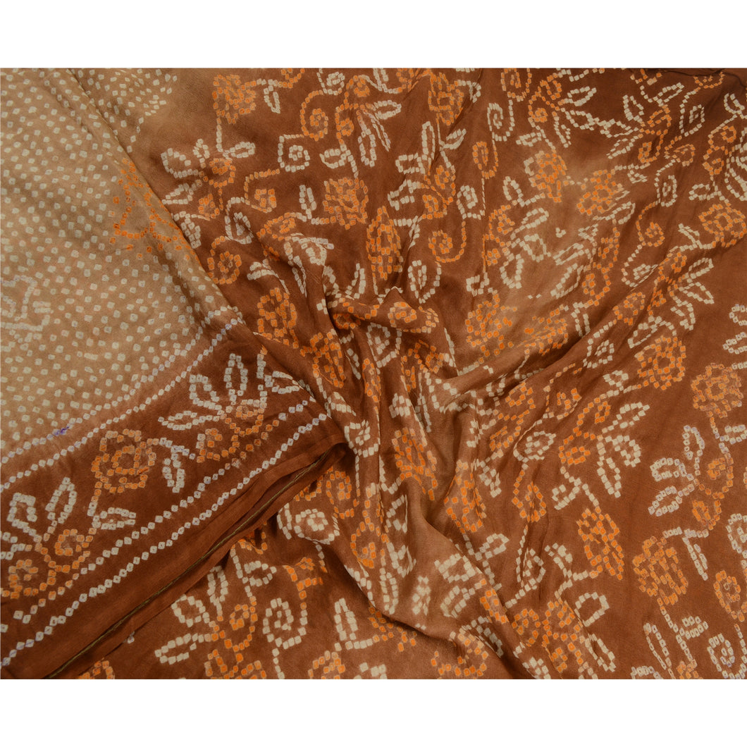 Sanskriti Vintage Sarees Brown Bandhani Printed Pure Silk Sari Soft Craft Fabric
