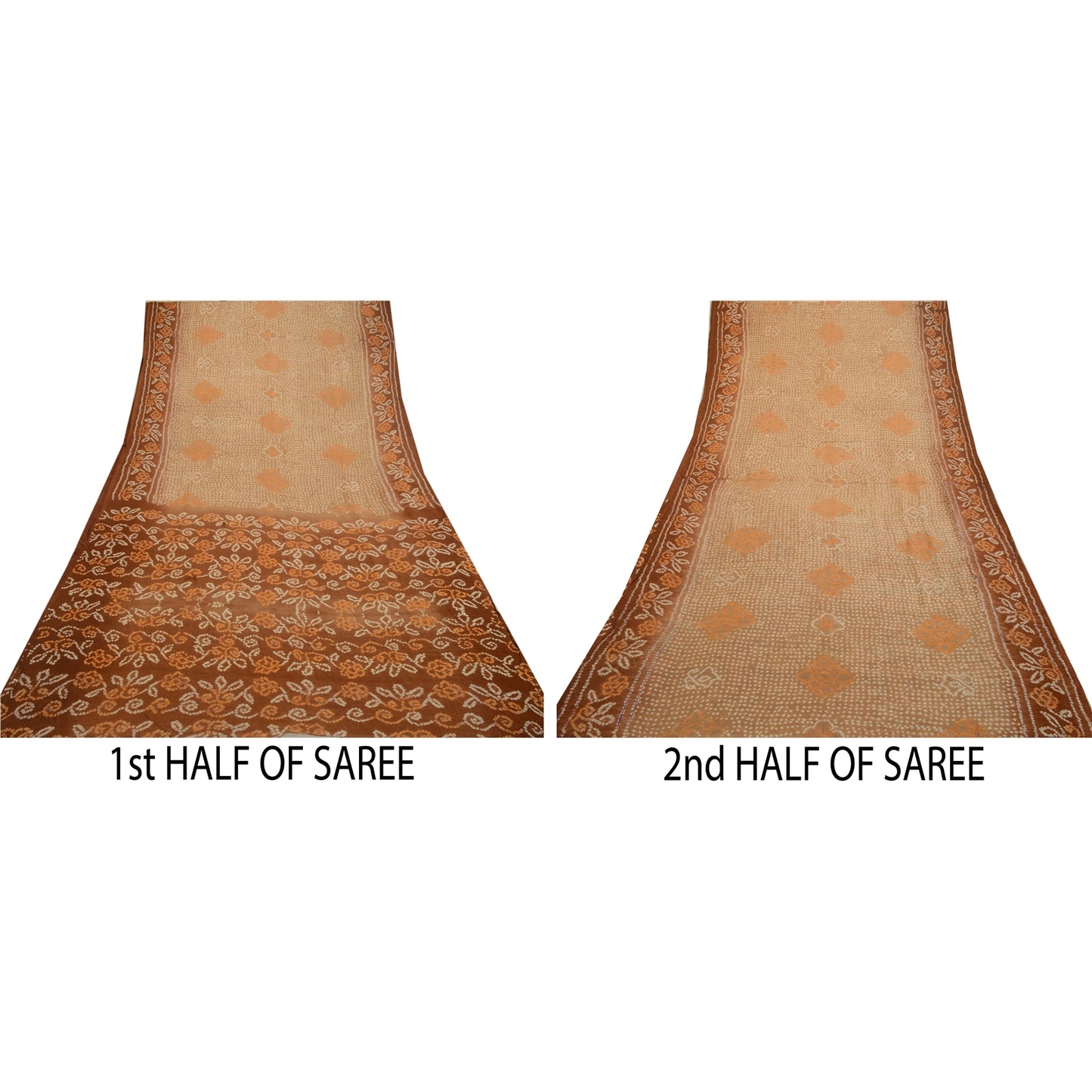 Винтажные сари санскрити, коричневое сари из чистого шелка с принтом бандхани, мягкая устойчивая ткань для рукоделия