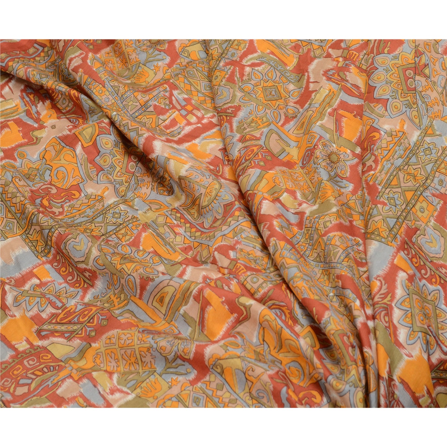Sanskriti Vintage Sarees Indian Orange Printed Pure Silk Sari Soft Craft Sustainable Fabric