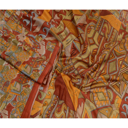 Sanskriti Vintage Sarees Indian Orange Printed Pure Silk Sari Soft Craft Sustainable Fabric
