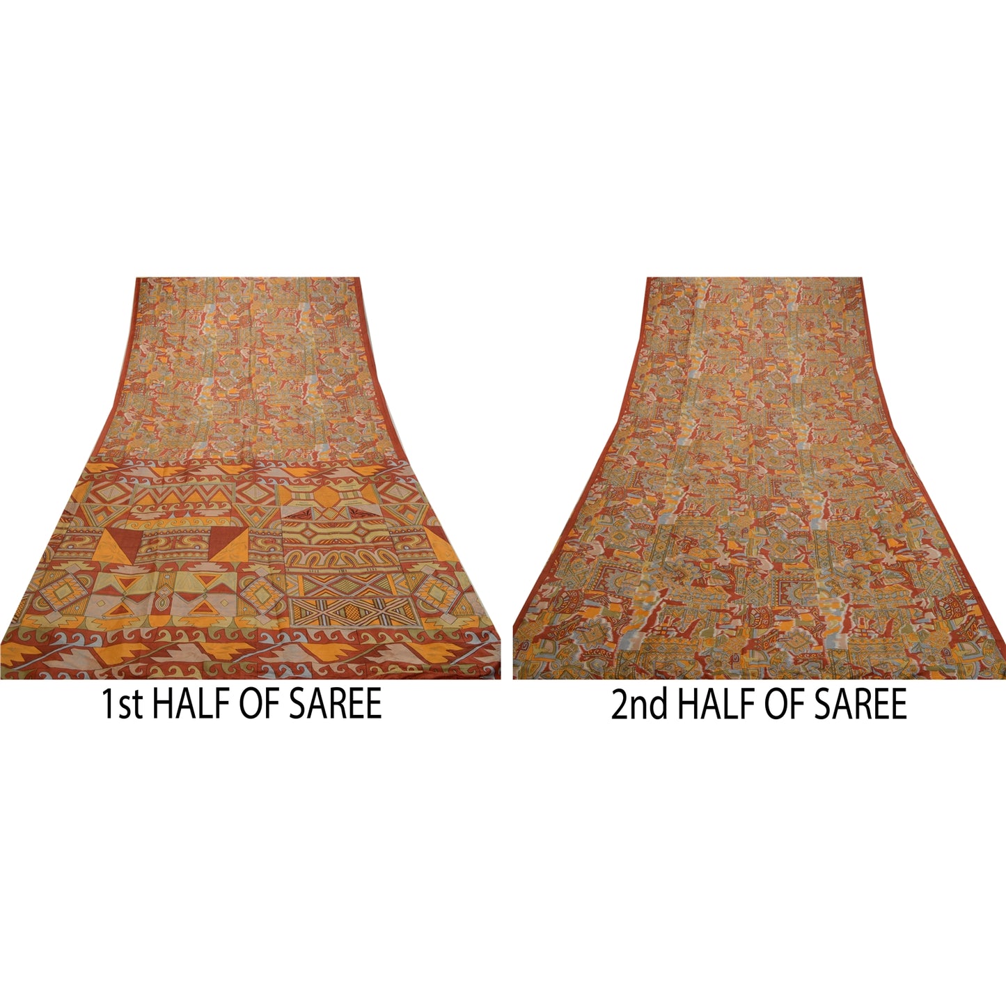 Sanskriti Vintage Sarees Indian Orange Printed Pure Silk Sari Soft Craft Sustainable Fabric