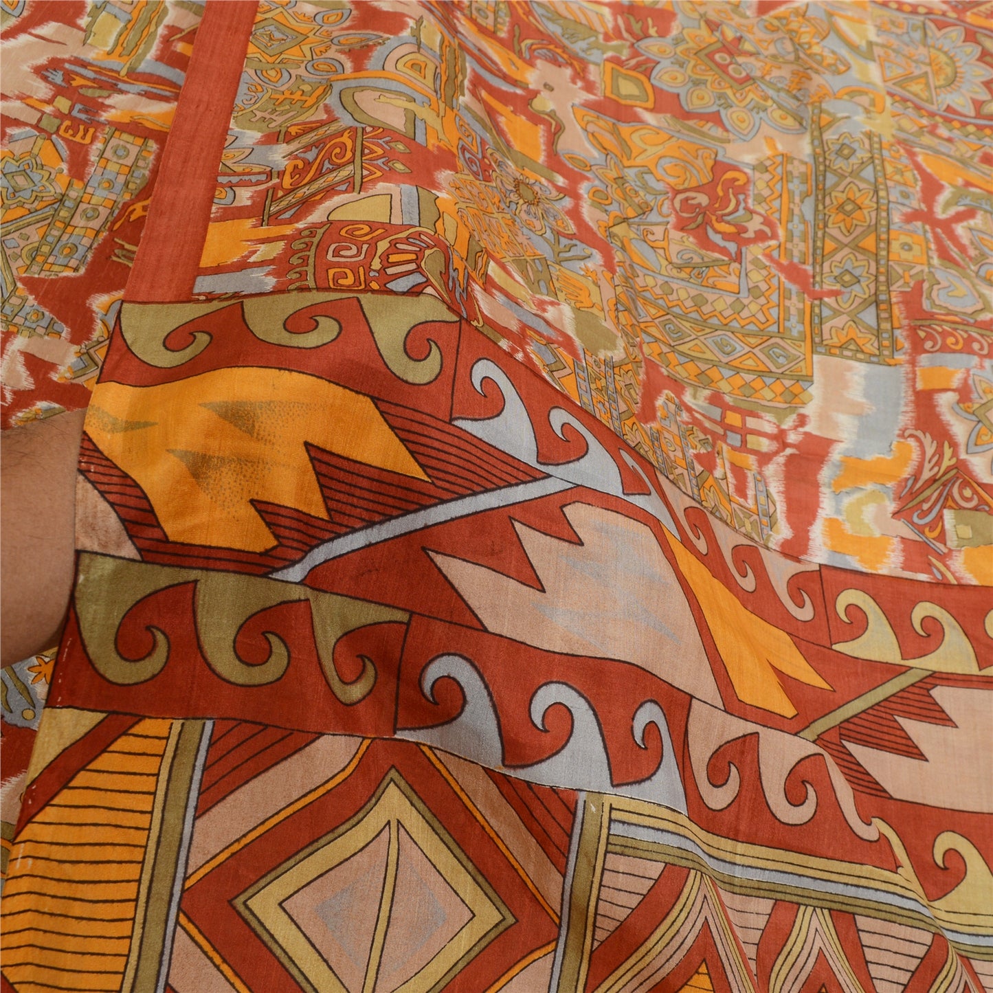 Sanskriti Vintage Sarees Indian Orange Printed Pure Silk Sari Soft Craft Sustainable Fabric