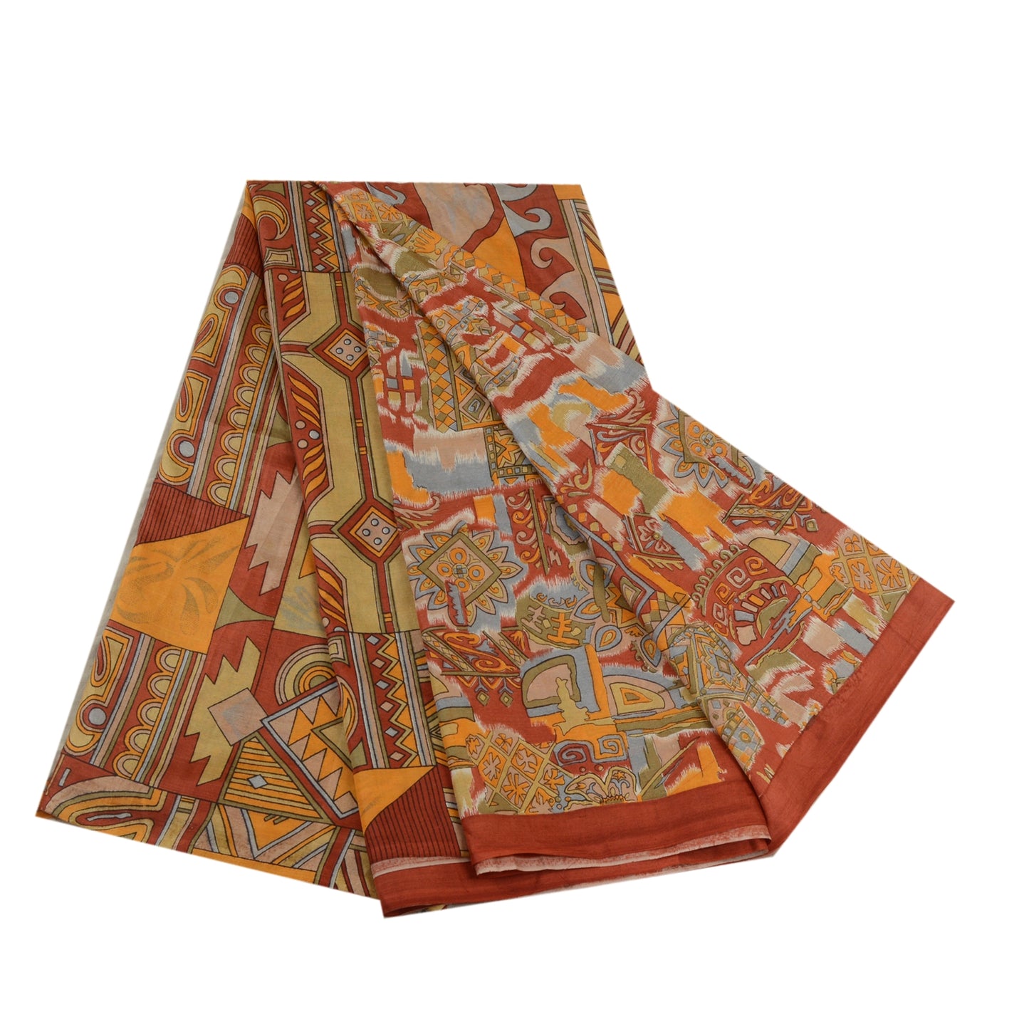 Sanskriti Vintage Sarees Indian Orange Printed Pure Silk Sari Soft Craft Sustainable Fabric