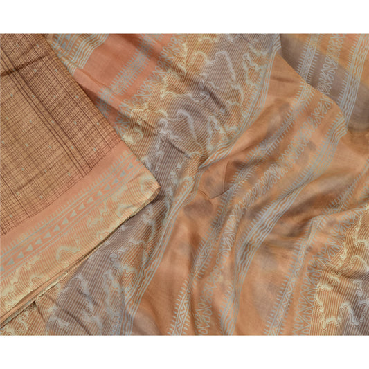 Sanskriti Vintage Sarees From India Brown Printed Pure Silk Sari Craft Sustainable Fabric