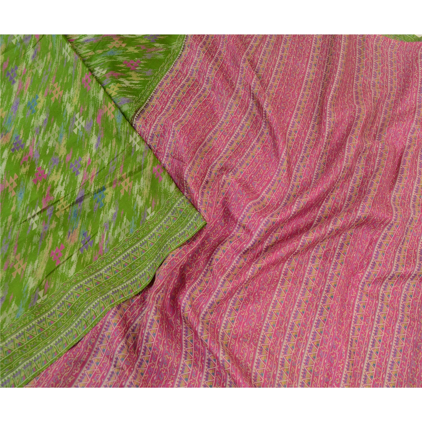 Sanskriti Vintage Sarees Indian Green Printed Pure Silk Sari Soft Craft Sustainable Fabric
