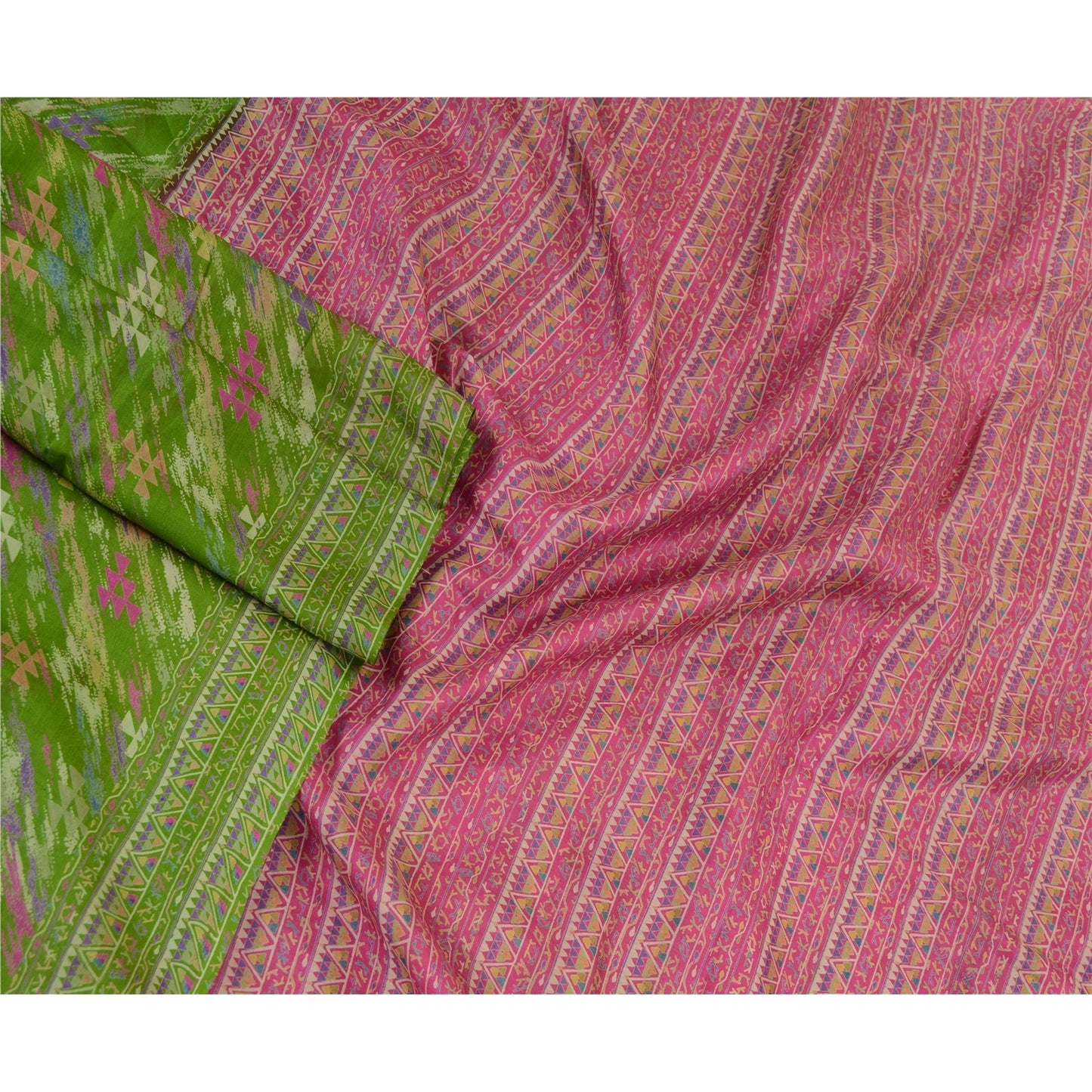 Sanskriti Vintage Sarees Indian Green Printed Pure Silk Sari Soft Craft Sustainable Fabric