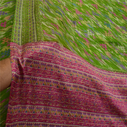 Sanskriti Vintage Sarees Indian Green Printed Pure Silk Sari Soft Craft Sustainable Fabric