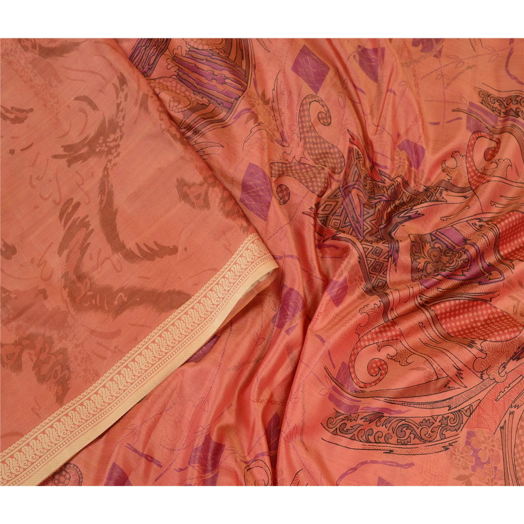 Sanskriti Vintage Sarees Peach Indian Printed Pure Silk Sari Floral Craft Sustainable Fabric