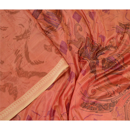 Sanskriti Vintage Sarees Peach Indian Printed Pure Silk Sari Floral Craft Sustainable Fabric