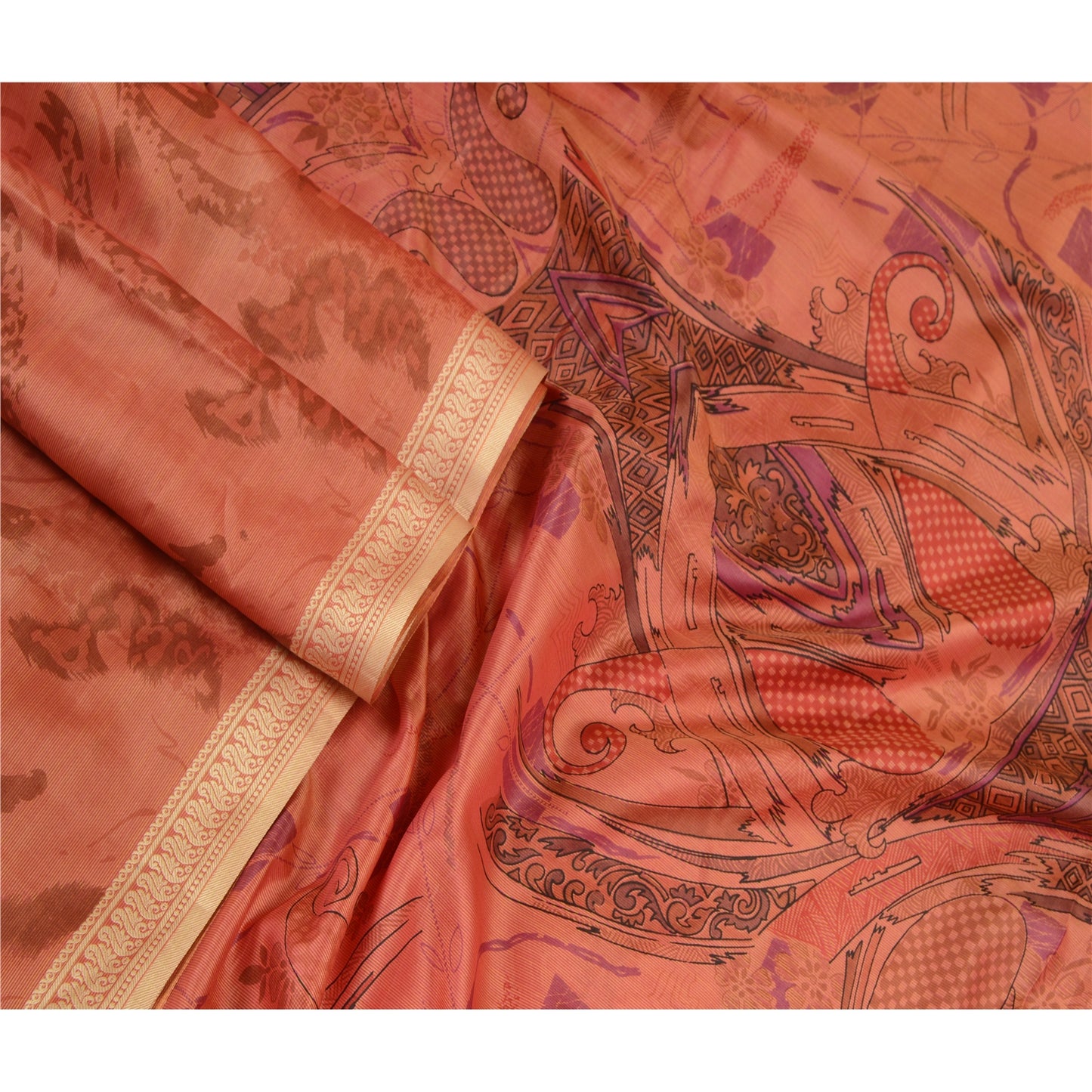 Sanskriti Vintage Sarees Peach Indian Printed Pure Silk Sari Floral Craft Sustainable Fabric