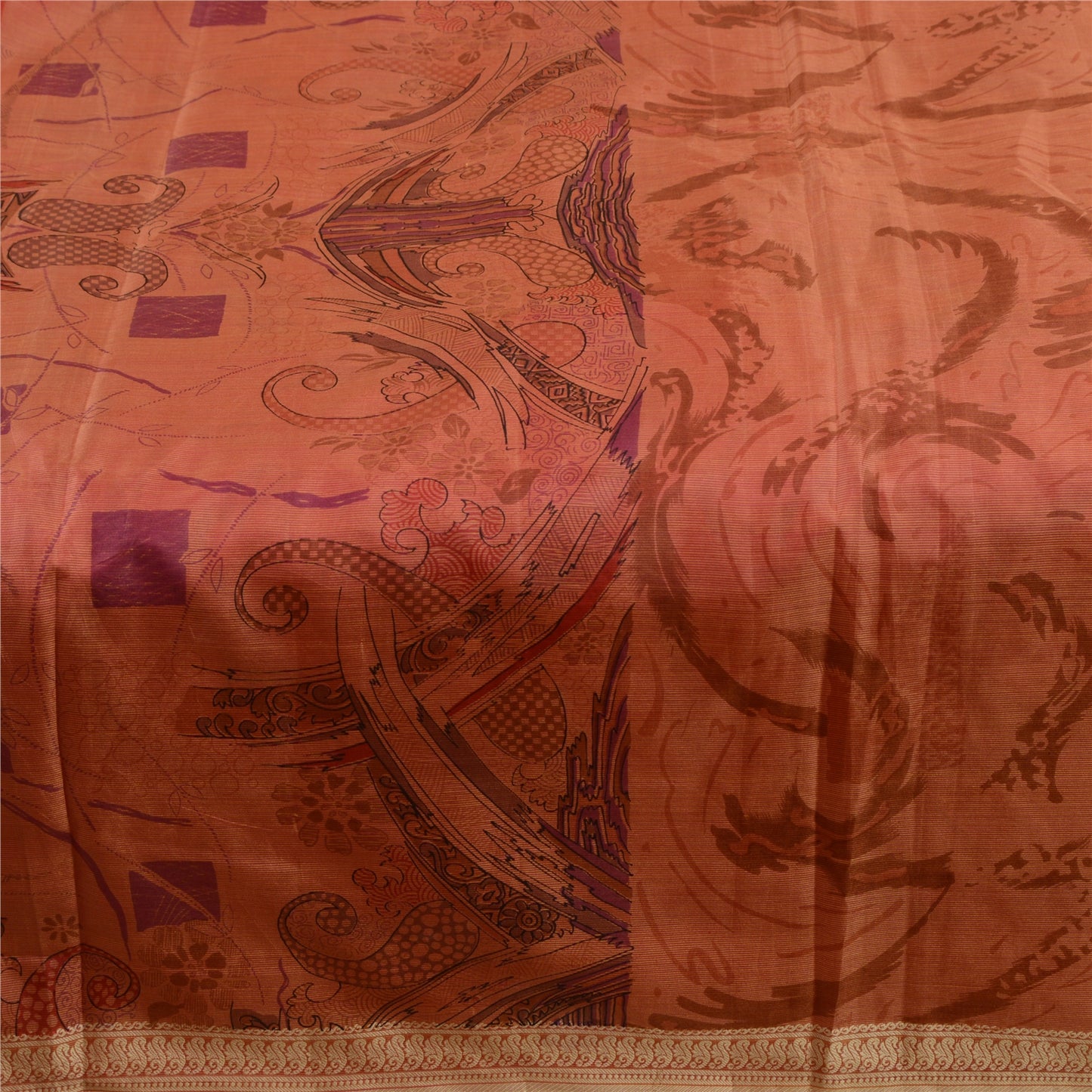 Sanskriti Vintage Sarees Peach Indian Printed Pure Silk Sari Floral Craft Sustainable Fabric