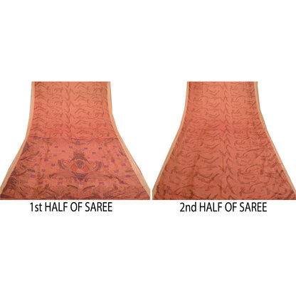 Sanskriti Vintage Sarees Peach Indian Printed Pure Silk Sari Floral Craft Sustainable Fabric