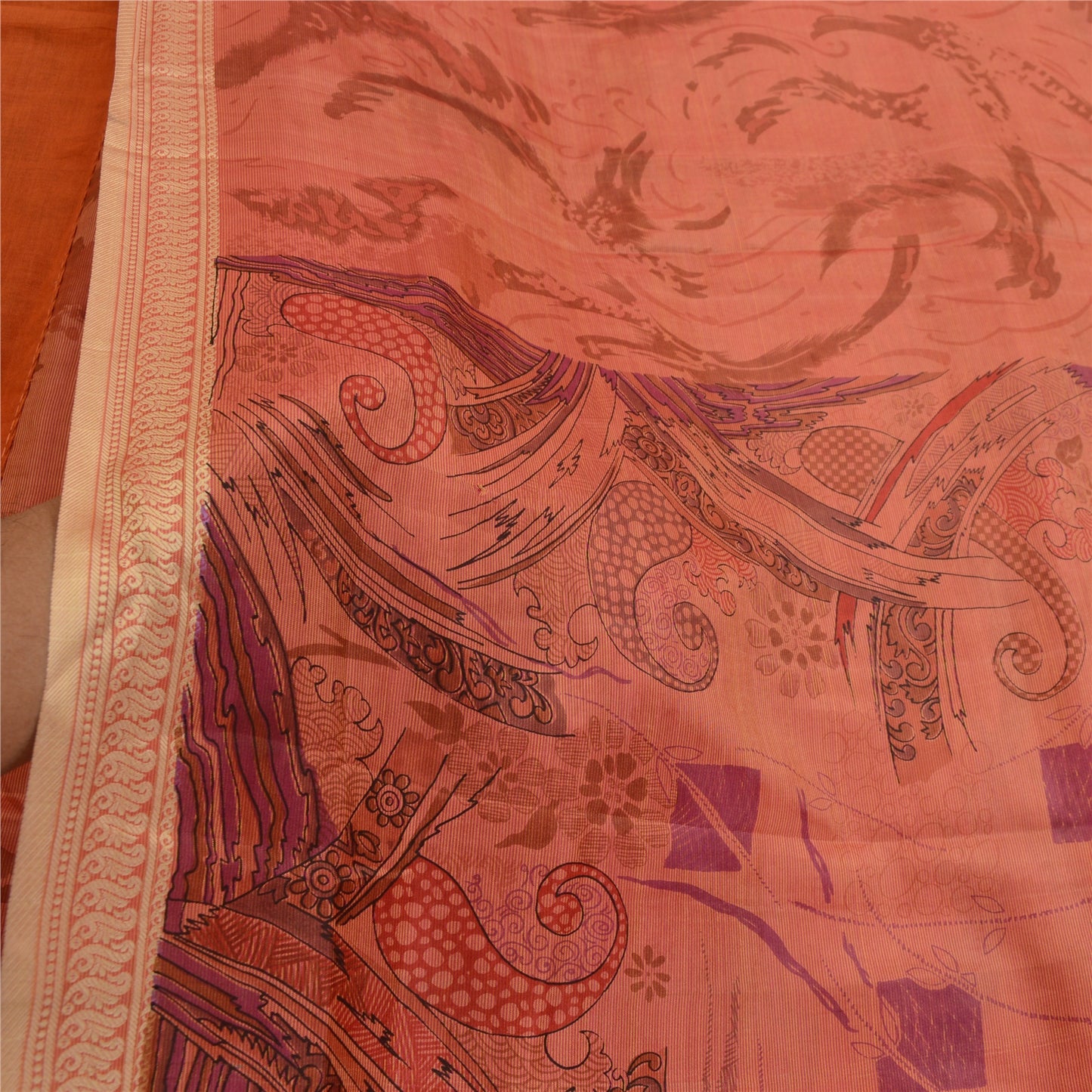 Sanskriti Vintage Sarees Peach Indian Printed Pure Silk Sari Floral Craft Sustainable Fabric