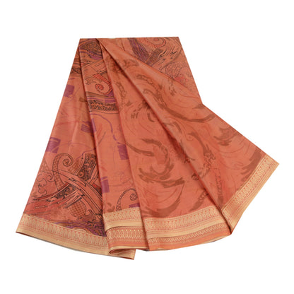 Sanskriti Vintage Sarees Peach Indian Printed Pure Silk Sari Floral Craft Sustainable Fabric