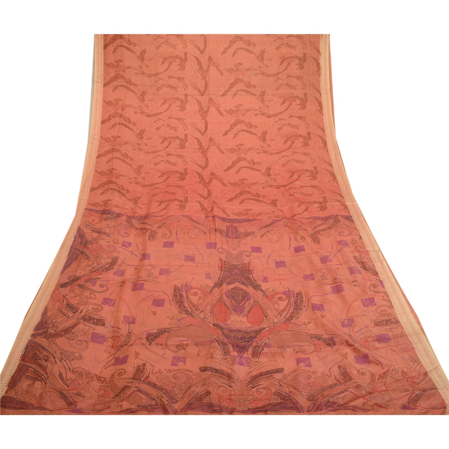 Sanskriti Vintage Sarees Peach Indian Printed Pure Silk Sari Floral Craft Sustainable Fabric