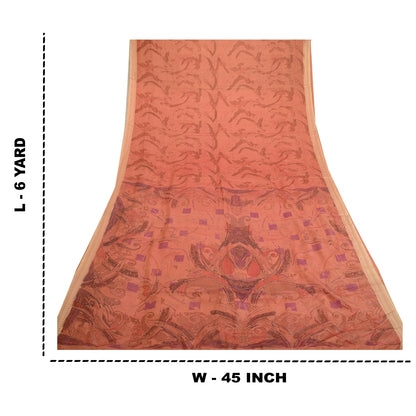 Sanskriti Vintage Sarees Peach Indian Printed Pure Silk Sari Floral Craft Sustainable Fabric
