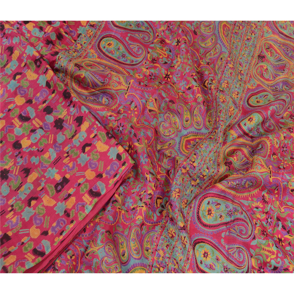 Sanskriti Vintage Sarees Pink Animal Floral Printed Pure Silk Sari Craft Sustainable Fabric