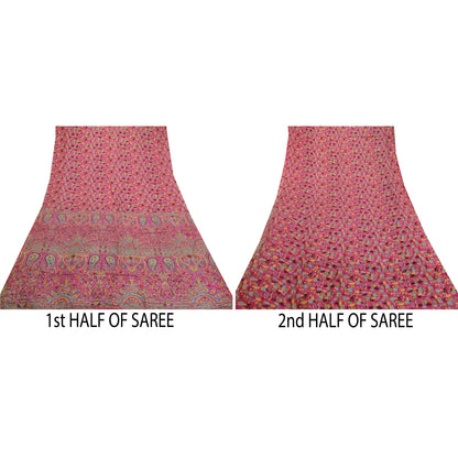 Sanskriti Vintage Sarees Pink Animal Floral Printed Pure Silk Sari Craft Sustainable Fabric