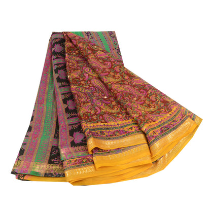 Санскритские винтажные сари, оранжевое индийское чистое шелковое набивное тканое сари из экологически чистой ткани