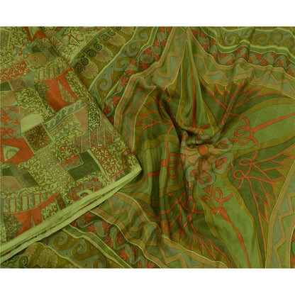 Sanskriti Vintage Sarees Green Indian Printed 100% Pure Silk Sari Craft Sustainable Fabric