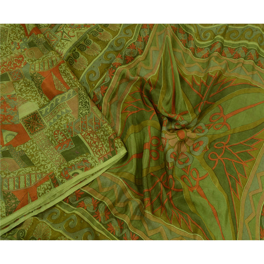 Sanskriti Vintage Sarees Green Indian Printed 100% Pure Silk Sari Craft Sustainable Fabric