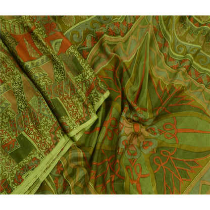 Sanskriti Vintage Sarees Green Indian Printed 100% Pure Silk Sari Craft Sustainable Fabric
