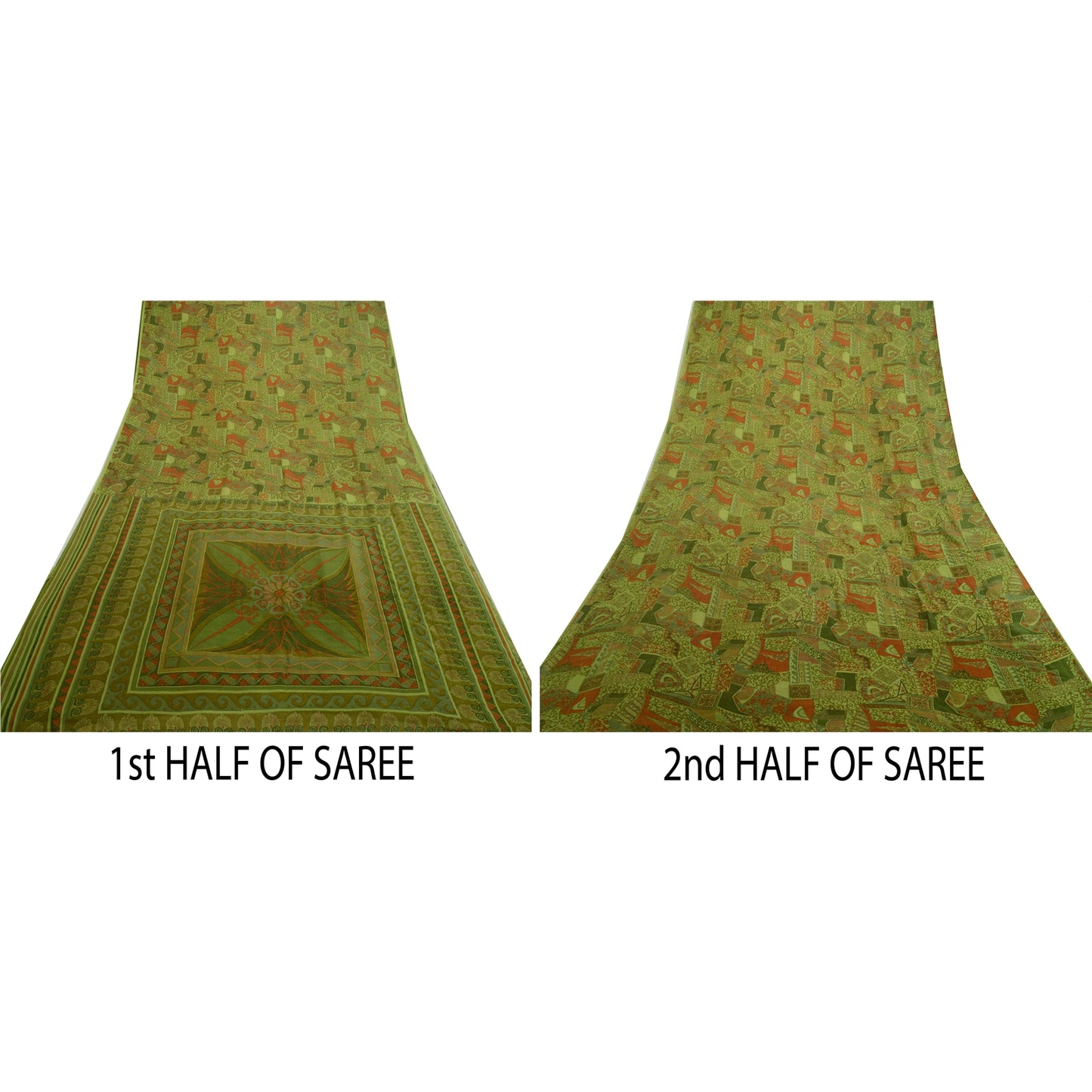 Sanskriti Vintage Sarees Green Indian Printed 100% Pure Silk Sari Craft Sustainable Fabric