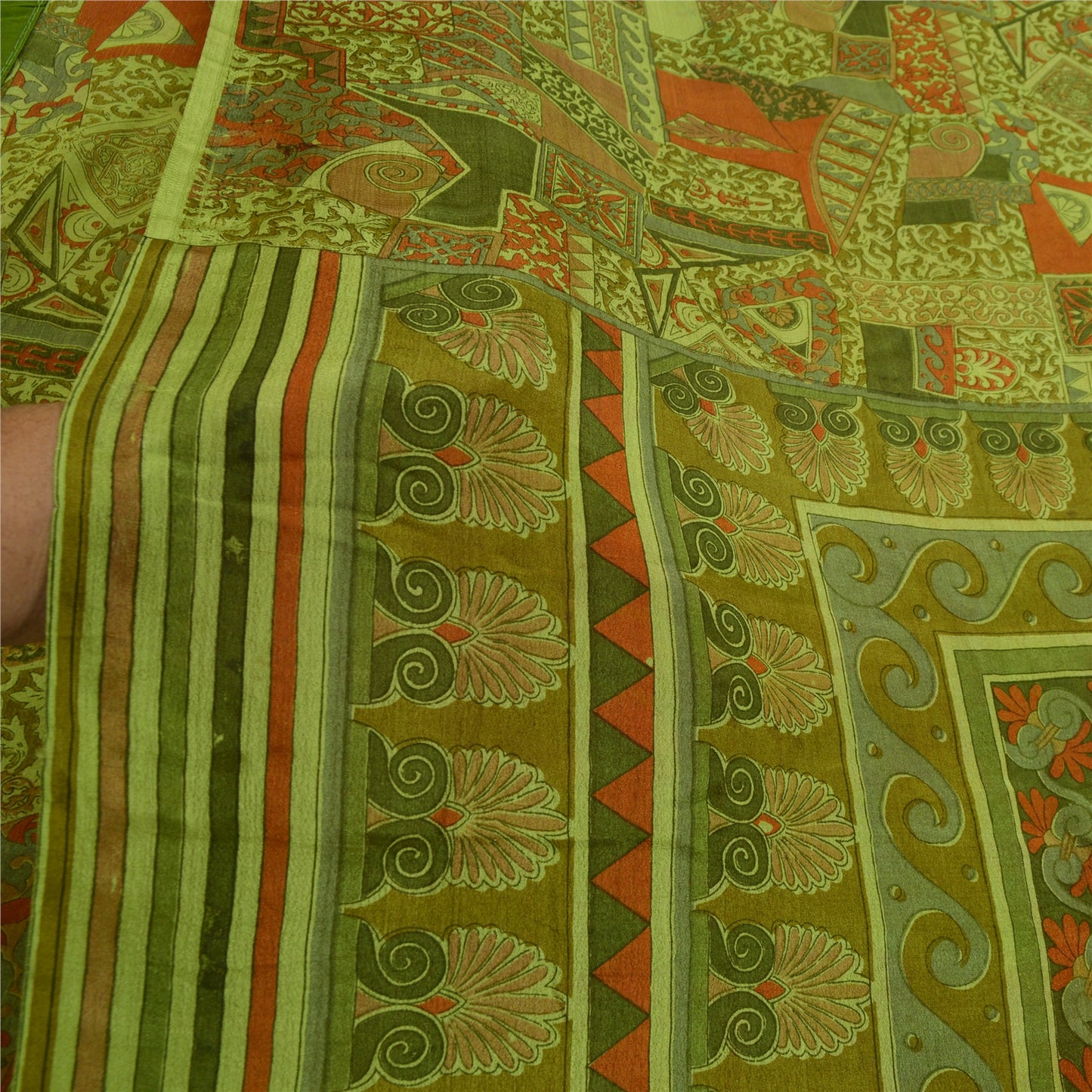 Sanskriti Vintage Sarees Green Indian Printed 100% Pure Silk Sari Craft Sustainable Fabric