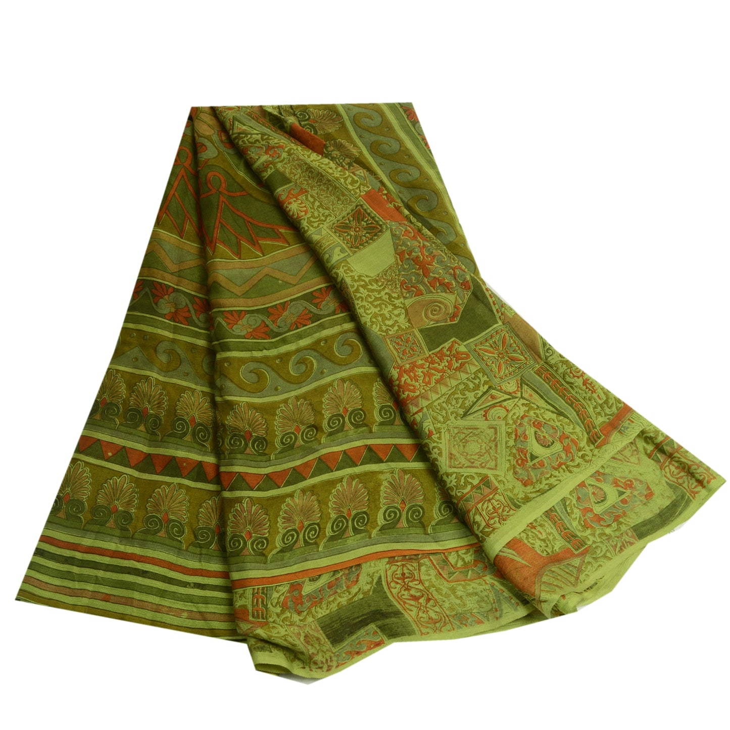 Sanskriti Vintage Sarees Green Indian Printed 100% Pure Silk Sari Craft Sustainable Fabric