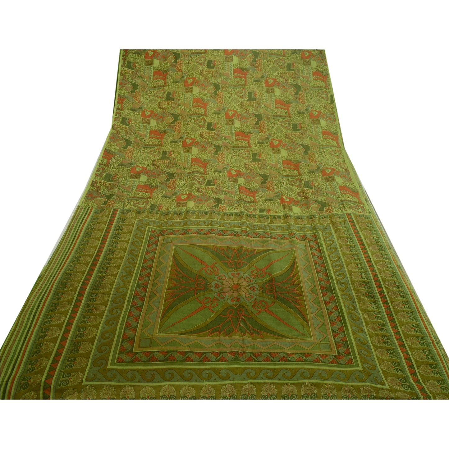 Sanskriti Vintage Sarees Green Indian Printed 100% Pure Silk Sari Craft Sustainable Fabric